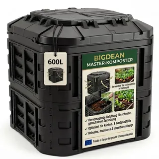 BigDean Komposter 600 Liter - Montage ohne Werkzeug - aus Recyclingkunststoff mit UV-Schutz - mit riesigen Einfüllklappen und sicherer Deckelfixie... - Schwarz