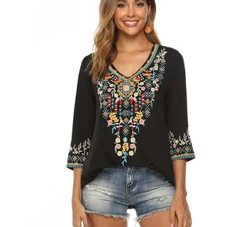 drakloak Bluse Stickerei Damen Boho Bestickte Oberteile Tunika Folklore Hippie Blusen Blumenmuster Oberteil Kurzarm Lose Tops(054 BK 3 XL) - 3XL