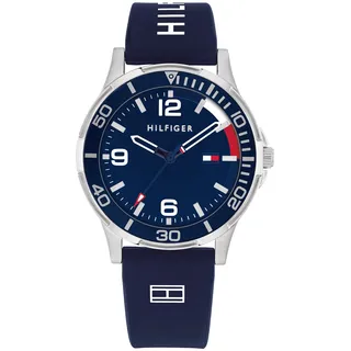 Tommy Hilfiger Jungen Uhr mit Blauem Zifferblatt, Blauem Silikonarmband, Edelstahlgehäuse 34mm, Aluminium Lünette, 3-Zeiger-Quarzwerk, 5 ATM Wassericht - 1720016