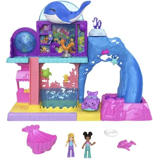 POLLY POCKET Pollyville Aquarium mit Shani, Spielset mit 2 Puppen, Spielzeugauto und 11 Zubehörteilen, darunter 8 Meerestiere, Spielzeug mit Wasserspiel, HKW15