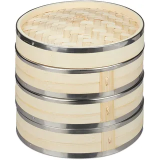 Relaxdays Bambus Dampfgarer, 3 Etagen, mit Metallringen, asiatischer Dampfkorb für Reis, Dim Sum, Gemüse, Ø 24 cm, natur