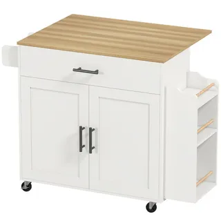 Homcom Kücheninsel Küchenwagen auf Rollen mit abklappbarer Arbeitsplatte, Küchenschrank mit Schublade Gewürzregal Ablage Handtuchhalter, Servierwagen Rollwagen für Küche und Esszimmer 120x68x85cm Weiß Holzwerkstoff, , Insel, 68x85x120 cm, Küchen,
