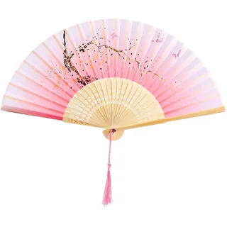 Yukiyi Handfächer für Damen, faltbar, Bambus-Fächer mit Quaste, Seidenstoff, Wanddekoration, Hochzeit, Party (Rosa)