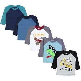 TupTam Baby Jungen Langarmshirt Gestreift 5er Set, Farbe: Bagger Monster Tuck Dino Grau Blau Grün, Größe: 86 - 86