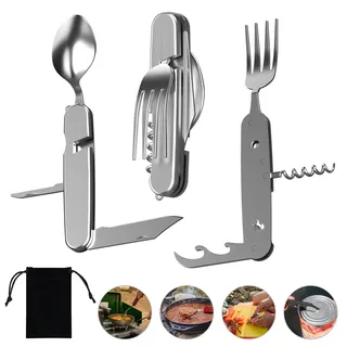 Outdoor Besteck Edelstahl Klappbesteck Camping Besteckset Survival Reisebesteck Klapp Campingbesteck 6 in 1 Messer Gabel Löffel Flaschenöffner Set Feldbesteck für Wandern Reise(Silber)
