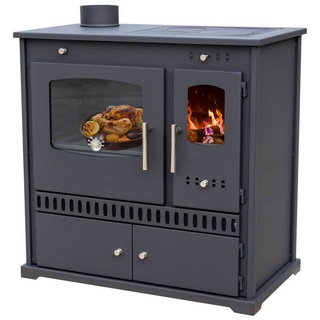 Prometey Kaminofen mit Backfach und Herdplatte Perfect Eco Schwarz Links Holzofen 7 kW Kamin Ofen Holz Werkstattofen Hüttenofen Heizofen Gartenofen