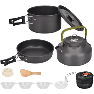 Cozywind Camping Kochgeschirr Set für 2-3 Personen Camping Topf Set Outdoor Camping Kochset aus Aluminium Campingkochtopf 10-Teiliges Campingkochgeschirr Picknick Töpfen für Wandern Trekking (Schwarz)