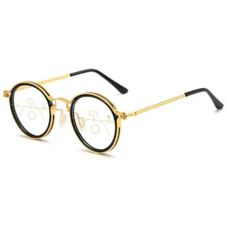 VEVESMUNDO Multifokus Lesebrillen Blaulichtfilter Progressive Herren Damen Metall Retro Runde Sehhilfe Gleitsichtbrille mit sehstärke (1 Stück Gold&Schwarz Multifokus Lesebrille, 4.0)