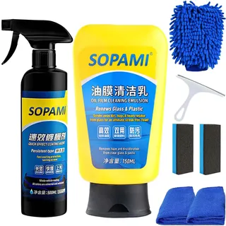 Sopami Oil Film Emulsion Glass Cleaner, Sopami Car Coating Spray, Sopami Glass Cleaner, Glass Oil Film Remover, Car Glass Oil Film Cleaner, Improves Overall Clarity and Visibility (Oil Film+Spray)