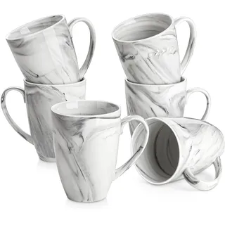 MALACASA Kaffeebecher 6er Set, Porzellan 560ML Becher Set, Große Moderne Kaffeetassen mit Henkel für Tee, Saft, Latte, Cappuccino, Kakao. Spülmaschinen- und mikrowellenfest, Serie REG Marmorgrau