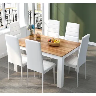 Mondeer Esstischset Essgruppe Esszimmergruppe mit 6 Stühlen Esstisch aus Holz Küchentisch Natur+Weiß - Weiß