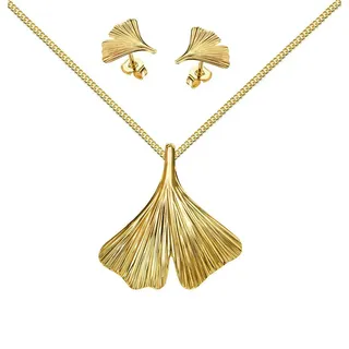 JEVELION Schmuckset Anhänger Ginkgo mit 2x Ohrstecker 585 Gold - Made in Germany (Goldanhänger + Gold-Ohrschmuck, für Damen und Mädchen), Mit Kette vergoldet- Länge wählbar 36 - 70 cm oder ohne Kette.