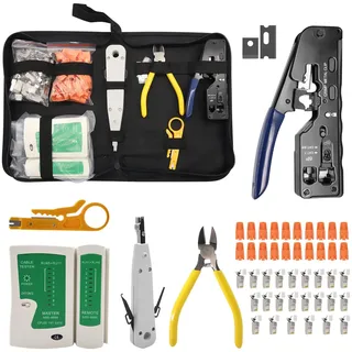 Netzwerk Werkzeug Set,RJ45 Crimpzange Netzwerkstecker Set mit 20xRJ45 Stecker Cat7/Cat6a Pass Through, Netzwerktester,LSA Auflegewerkzeug,Abisolierzange,Profi RJ45/11/12 Reparaturwerkzeuge,Stofftasche