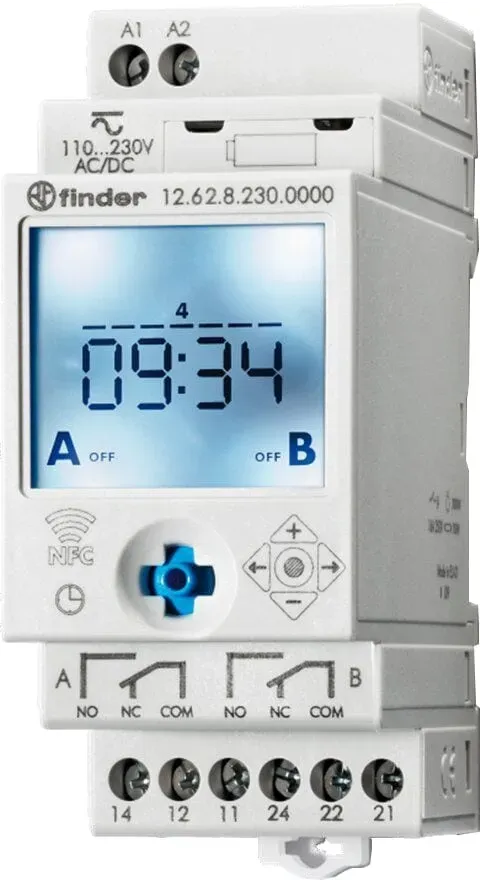 Finder 126282300000 Schaltuhr für Reiheneinbau, 2 Wechsler, 16 A, für 230 V AC, elektronisch, Wochenprogramm, Joystick, NFC-programmierbar