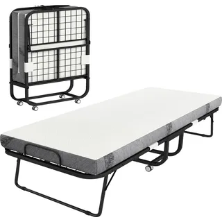 HOMCOM Klappbett 90x200 cm Erwachsene Gästebett Klappbar mit 10 cm Dicker Schaumstoff Feldbett mit Stahlrahmen Reisebett mit Rollen bis 150 kg belastbar   Aosom