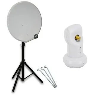 PremiumX mobile Camping SAT Anlage 45cm Hellgrau Satelliten-Schüssel Antenne Single LNB 4K Dreibein-Stativ
