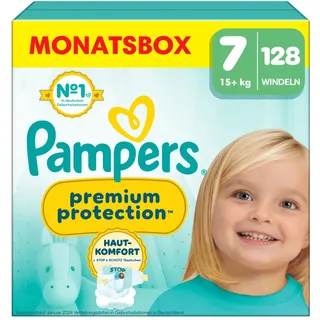 Pampers Premium Protection Größe 7, 128 Windeln, 15kg+, Doppelter Schutz für die Haut und vor Auslaufen