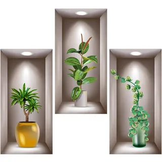 Bahan alamy 3 Stück 3D Wandaufkleber Vase, Wandtattoo Wohnzimmer Vasen Grüne Pflanzen Wandaufkleber 3D Vinyl Wandabziehbilder für Schlafzimmer Büro Küche Wanddeko (40x20cm)
