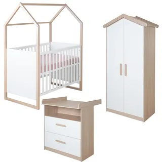 roba Babyzimmer Set Cabane 3-teilig - Baby- & Beistellbett 60 x 120 cm + Wickelkommode + Kinderkleiderschrank 2-türig in Hausoptik - Weiß/Dekor Eiche