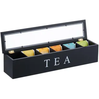 Relaxdays Teebox, 6 Fächern, Bambus, H x B x T: 9 x 43,5 x 9 cm, für Tee & Kaffeepads, Teebehälter mit Deckel, schwarz