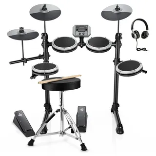 Donner E-Drum E-Schlagzeug 450 Sounds mit Thron Pedale Kopfhörer Unterricht DED-200,Set, Trommelhocker/Drumsticks/Kopfhörer/Audiokabel, 5 Trommeln und 4 Becken grau