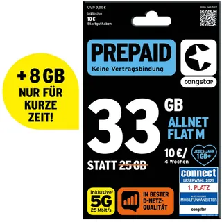 congstar Prepaid ALLNET M SIM-Karte ohne Vertrag I Prepaid-Paket in D-Netz-Qualität I 33 GB + 10€ Startguthaben I Telefonie & SMS Flat in alle dt. Netze I EU-Roaming inkl.