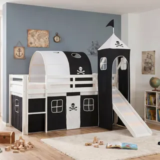 Hochbett 90x200 Kinderbett mit Rutsche Weiß Holz Massiv Turm Schwarz Homestyle4u