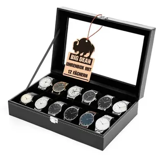 BigDean Uhrenbox für 12 Uhren Glasdeckel - schicke Uhrenbox Herren Watch Box (Packung, 1 St., Uhrenbox), Edle Optik, Kunstleder, Sammler, Samtfutter schwarz