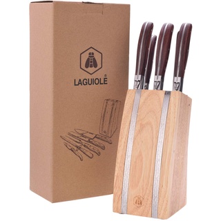 LAGUIOLE - LAGUIOLE Block von 5 Utensilien Pakka Holzgriffe Fleischmesser Brotmesser Gemüsemesser Fleischgabel Schärfgerät Hevea Holzblock Ideales Geschenk