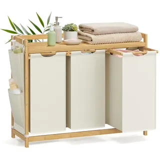Songmics Wäschekorb 3 Fächer, Bambus, Wäschesammler 150 L,