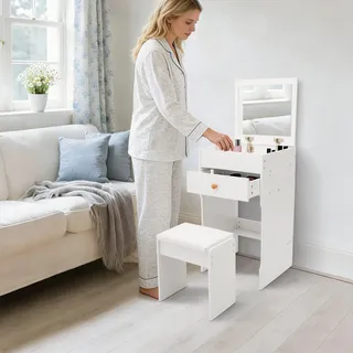 HongKKon 3 in 1 Schminktisch mit Hocker, Frisiertisch mit Klappspiegel und Schubladen, Langlebig, Schminktisch Schmal, Beistelltisch Kompakte Schminkkommode Set für kleine Räume (Weiß)
