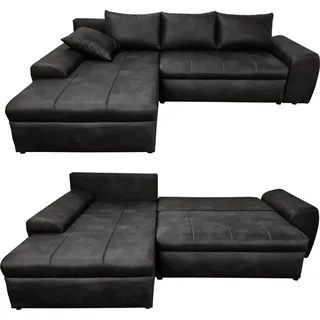 luma-home Vintage Ecksofa Schlafsofa Eckcouch L-Sofa mit Ottomane u. Bettkasten in Schwarz / 18016 - 2 Jahre Gewährleistung - mind. 14 Tage Rückgaberecht - Schwarz