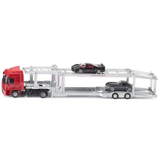 siku 3934, Autotransporter, Inkl. 2 Spielzeug-Autos, 1:50, Metall/Kunststoff, Rot/Silber, Abkoppelbarer Auflieger