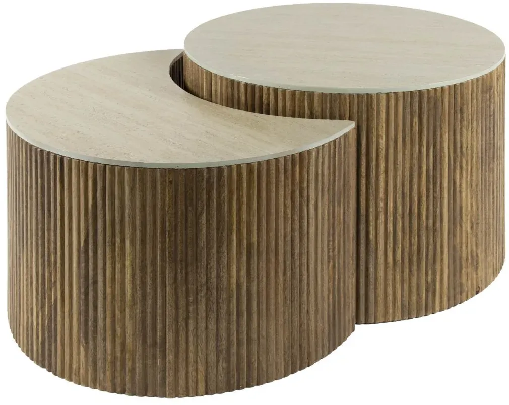 Couchtisch 2er-Set Tratin aus Mangoholz, skandinavisches Design, Travertin-Optik, natur beige