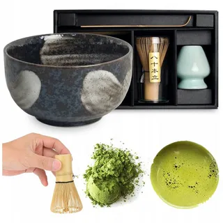 WESTCRAFT Matcha Set 4 tlg. Original japanische Schale mit Besen & Löffel Edo Japan Geschenkverpackung mit Matcha Besen Chasen, Matchabesen,Matchabesen Halter,Matcha Löffel Chashaku