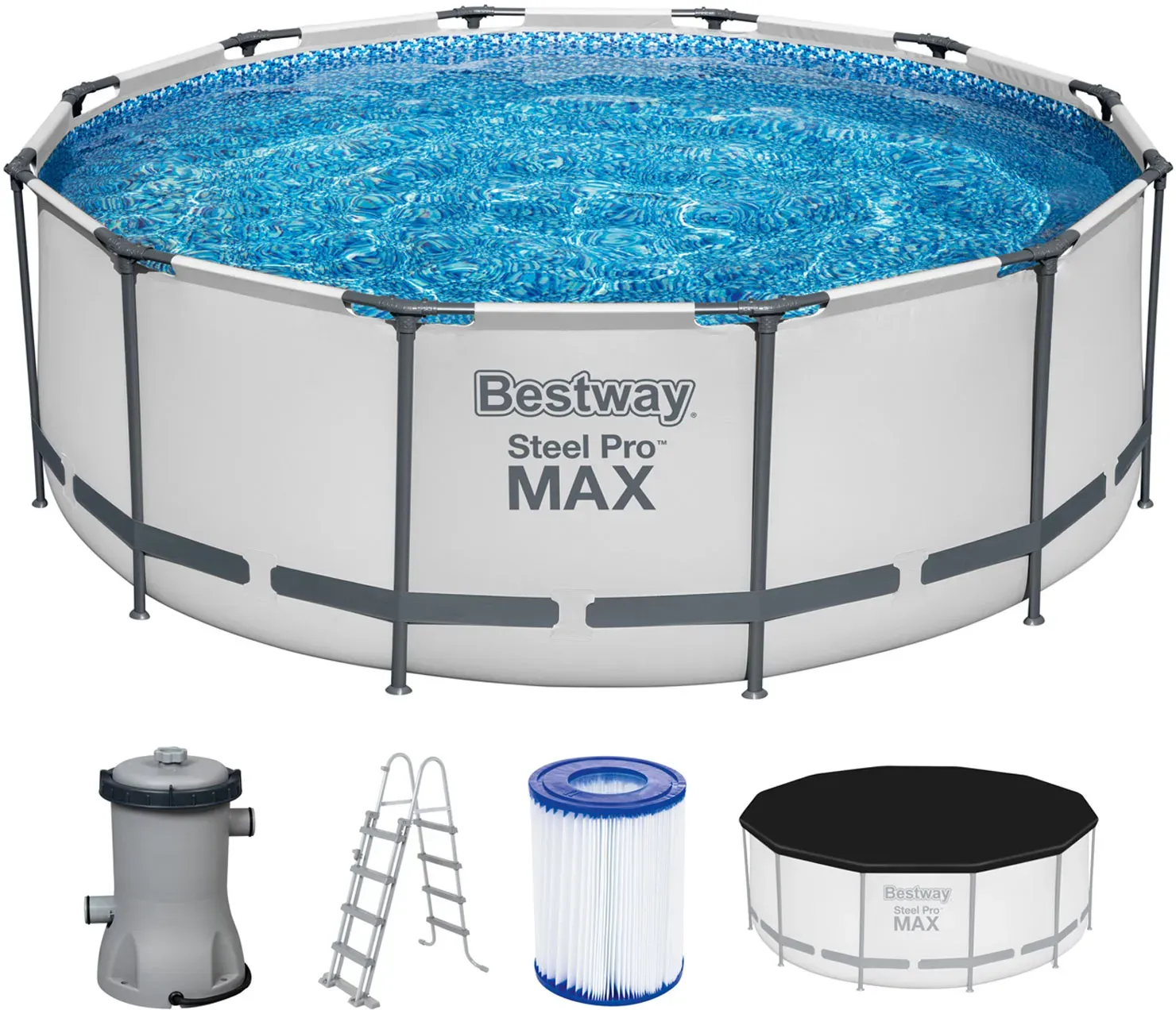 Bestway Steel Pro MAX Frame Pool Komplett-Set mit Filterpumpe Ø 366 x 122 cm, lichtgrau, rund