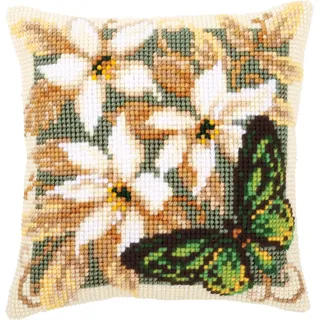 Vervaco Kreuzstich Stickpackungen Kissen Stickerei Set Anfänger Vorgedruckt Grüner Schmetterling DIY Set Kreativ Set Für Erwachseneca. 40 x 40 cm Bastelset Handwerker Haus Dekoration