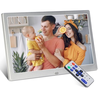 Digitaler Bilderrahmen 10 Zoll, Elektronischer Bilderrahmen Kalender/Uhrfunktion/Musik/Foto-/Videoplayer mit Fernbedienung, unterstützt USB/SD-Karte (Silber)