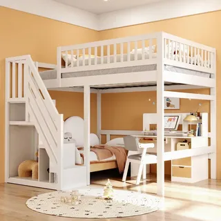 Flieks Etagenbett 140x200cm mit Rausfallschutz, Hochbett mit Treppe mit Kleiderstange und Ablagen, Kinderbett Doppelbett mit Lattenrost, Weiß - Weiß