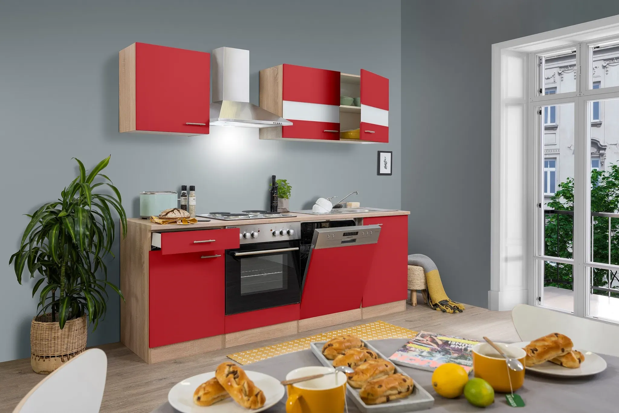 Küche Küchenzeile Küchenblock Einbauküche Eiche Rot Merle 220 cm Respekta