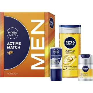 NIVEA MEN Active Match Geschenkset, Geschenk für Männer mit Produkten für müde Haut, Geschenkbox mit Duschgel, Gesichtspflege Creme und Deo für Herren