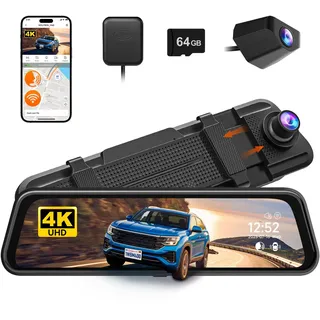 WOLFBOX M40 10” Rückfahrkamera Spiegel, 4K+1080P Dashcam Auto Vorne Hinten, Rückspiegel Kamera mit ADAS/BSD, Sprachsteuerung, Integriertem Wi-Fi, Inklusive 64GB Karte & GPS