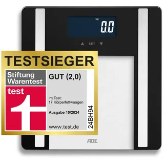 ADE Körper-Analyse-Waage Digitale Körperfettwaage "Ines" bis 200 kg, präzise Körperwaage, Testsieger Stiftung Warentest Ausgabe 10/2024 schwarz