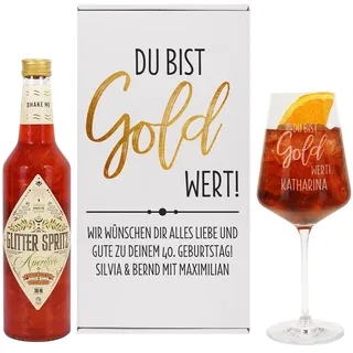 Herz & Heim® Glitter Geschenkset mit graviertem Glas, Geschenkbox und Glitter Spritz Flasche, Motivauswahl, personalisiert (Du bist Gold wert)