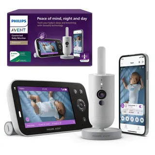 Philips AVENT Philips Premium Connected Videophone, das bisher Beste Babyphone, Schlaf- und Atmungs-Tracking mit KI, Schrei-Interpretation, DEKRA Zertifiziert privat und sicher, SCD973/26