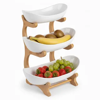Relaxdays Obst Etagere Bambus Kunststoff, 3 Etagen, HBT: 34x25x10 cm, Schalenetagere, Obstschale Küche, natur/weiß