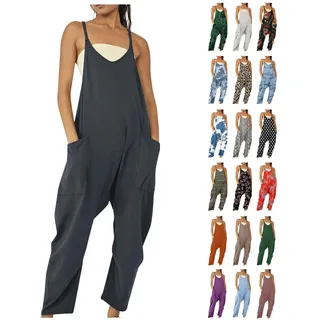 Awrvia Jumpsuit Damen Elegant Latzhose Baumwolle Kuschelig Hosenanzug Sommer Casual Einfarbig Arbeitshose Lang Weites Bein Freizeithose Oversize Trägerhose Atmungsaktiv Ärmellose Playsuit - L