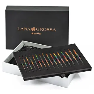 Lana Grossa Nadelset Designholz Multicolor – Stricknadelset mit 8 Holz-Nadelspitzen (3,5–8,0 mm), 4 Seilen & Zubehör – Austauschbare Spitzen in praktischer Koffer-Box