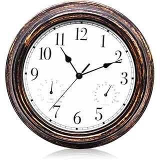 Gartenuhr Wetterfest, Außenuhren Wasserdicht, Wasserdichte Wanduhr, Außenuhren Wetterfest Mit Thermometer Und Hygrometer, Wanduhr für Drinnen Und Draußen für Küche Wohnzimmer Badezimmer (12 Zoll)