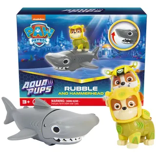 Paw Patrol, Aqua Pups - Hero Pups Actionfiguren-Set mit 1 Rubble Welpenfigur und 1 Hammerhai Figur, Spielzeug geeignet für Kinder ab 3 Jahren